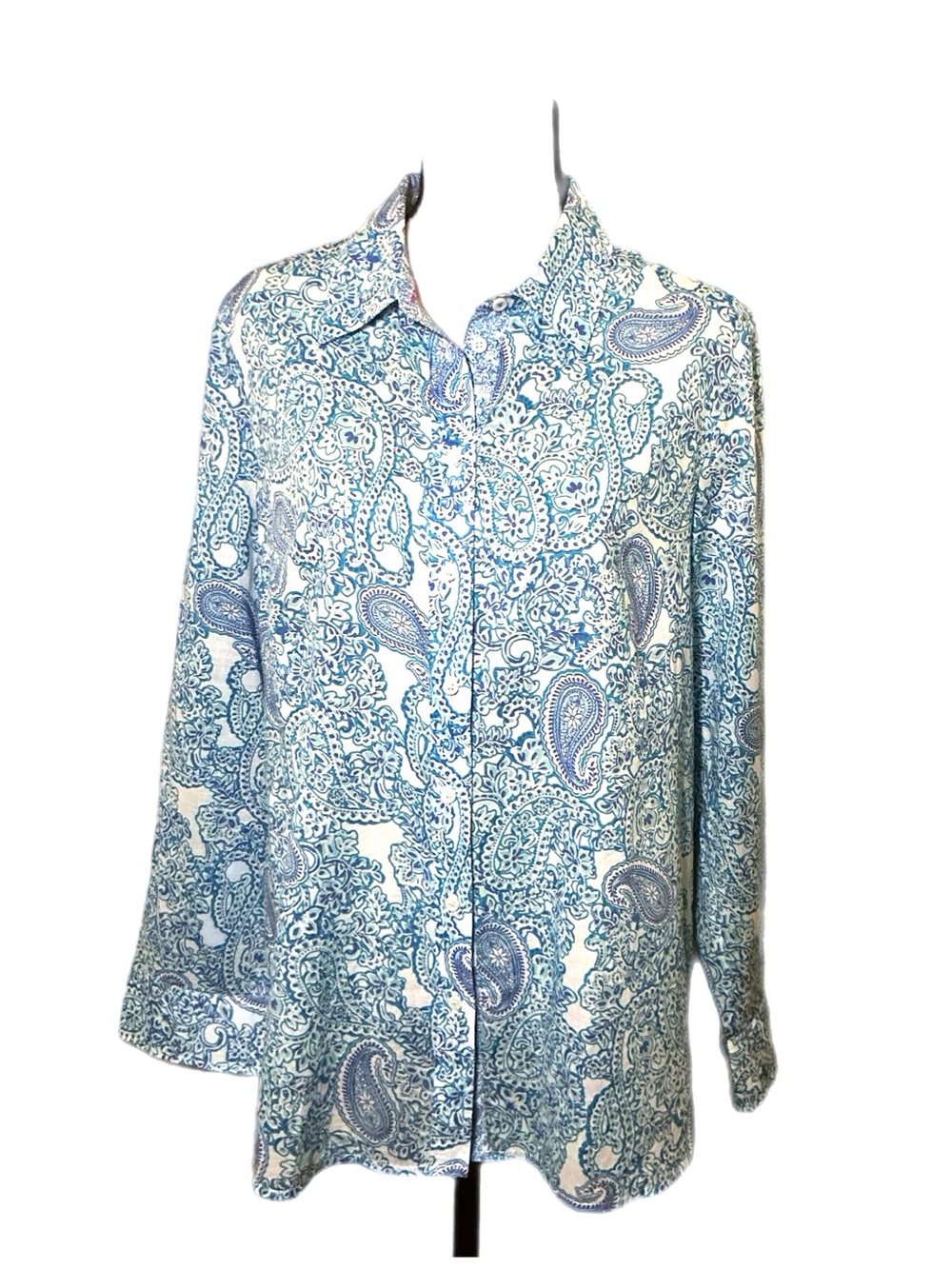 Talbots Blue Paisley Button Front Blouse Medium 100% Cotton Long Sleeve